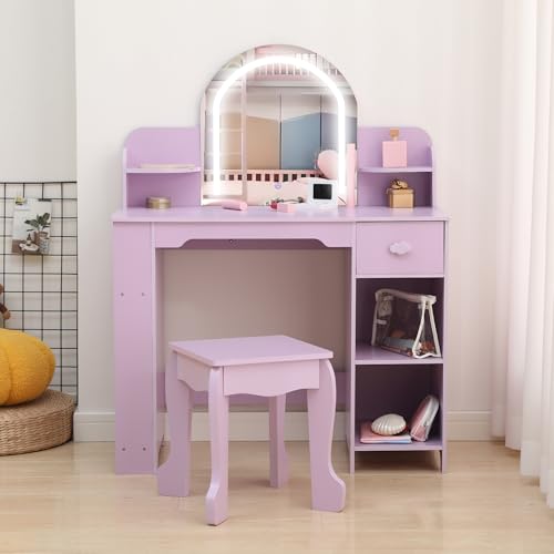 Garvee Kids Vanity with Lighted Mirror & Stool, Little Girls Vanity with Adjustable LED Light, Bookshelf, Storage Drawer & Shelves for Girls 3-9, Purple