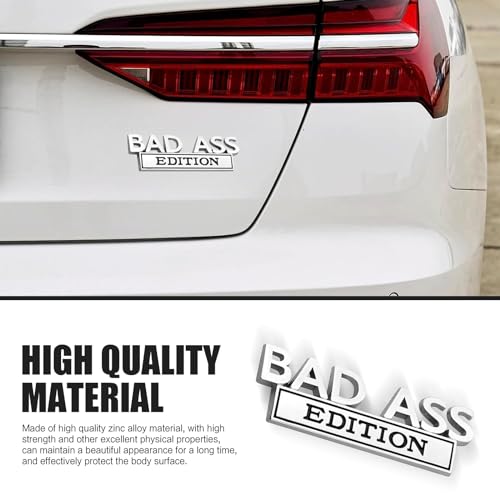 Image of 1 Pack Car Fender Badge Decal, Bad Ass Edition Design, 3.93 inch x 1.33 inch Three Dimensional Tailgate Front Grille Hood Decal, Universal Retrofit Decorative Replacement (Silver & Black)