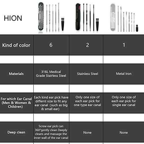 Hion Ohrenreiniger, Ohrenschmalz Entferner 6 in1 Medizinischer Ohrreiniger aus Edelstahl mit Aufbewahrungskiste Ear Cleaner, Geeignet für Kinder Jugendliche und Erwachsene(Silber)