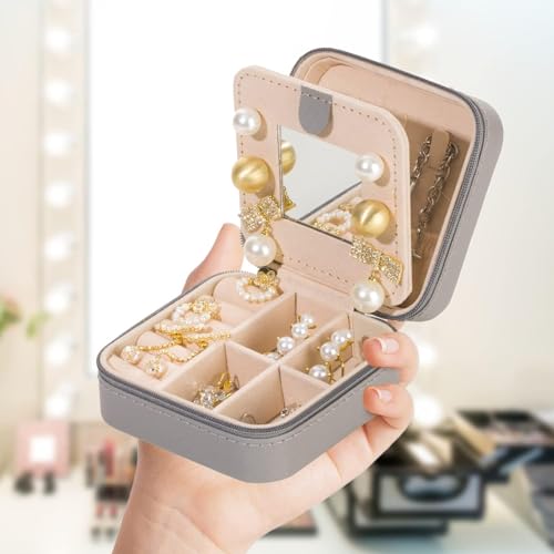 Image of KElofoN 5 packTravel jewelry case Travel jewelry box Travel Jewelry Organizer Small Jewelry Organizer Box for Girls Women with Mirror (Grey-5)