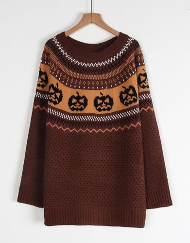 Image of Women's Fair Isle Sweaters Long Sleeve Crew Neck Loose Casual Halloween Pullover Sweater Brown X-Large