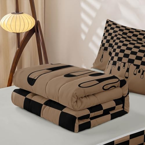 Image of Tan Black Brown Checkered Zipper Bedding Set Twin - 4 Piece Zip Up Comforter with Fitted Sheet & Pillowcases,Soft Bed-in-a-Bag Set Bedding for Girls,Checkerboard Drip Grunge Aesthetic Geometric