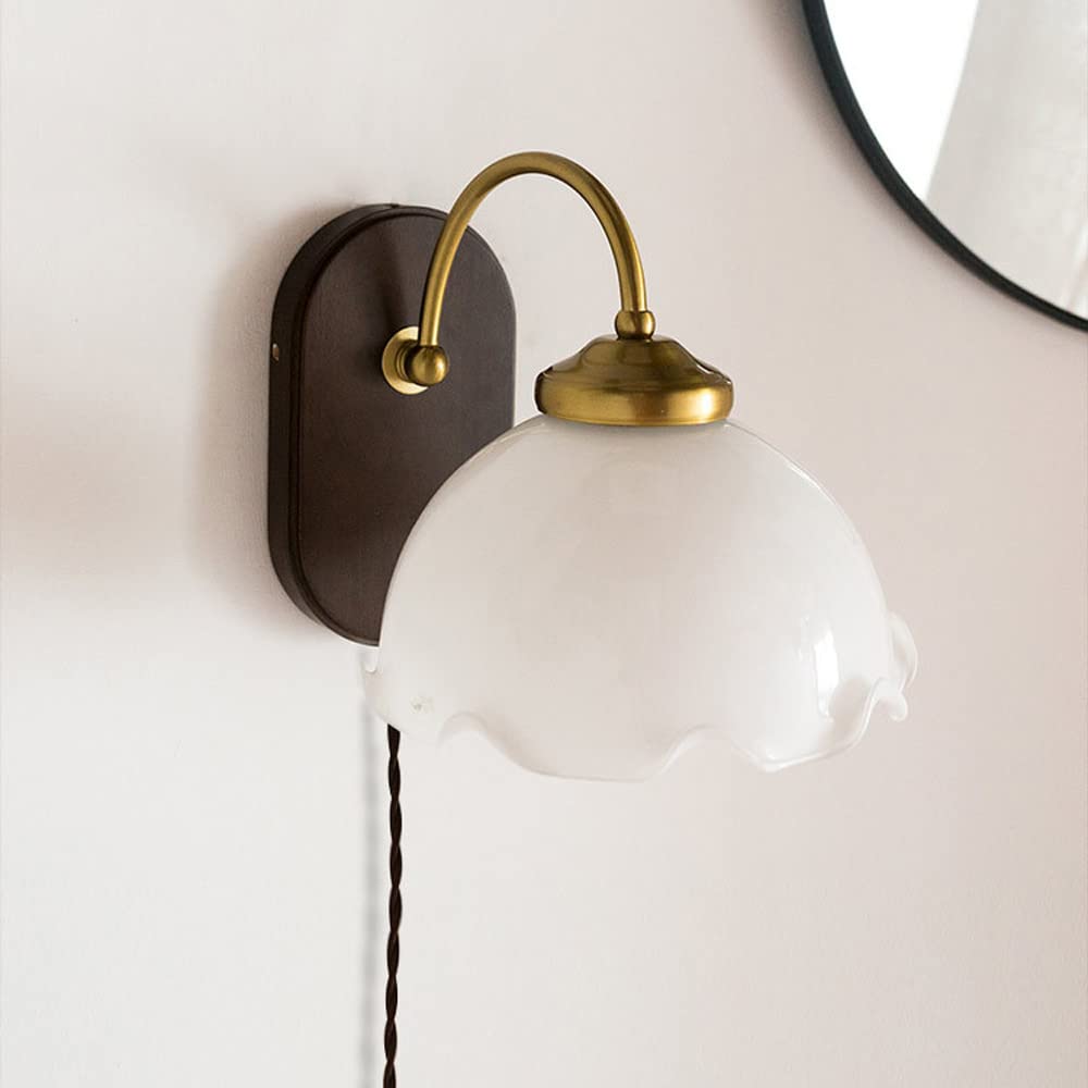 SXSCARKX Vintage Plug in Wall Light Wood Sconce Glass Lamp Shade, Rustic Mount Lighting Fixture Farmhouse Lantern, Antique E27 Sconces for Living Room Bedroom Bedside (Color : Blanco)