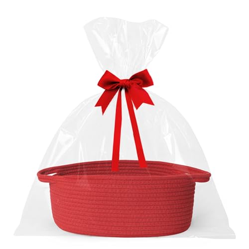 WILLITAT Small Baskets for Gifts Empty 13x 9x 5 Woven Gift Basket with Bag and Ribbon Cotton Rope Kids Dog Cat Toy Bin Box Cute Baby Nursery Organizer Decorative Storage with Handles Red
