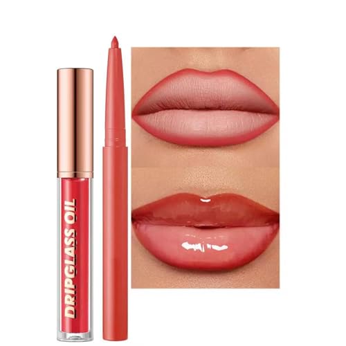 Image of Red Lip Liner Lip Gloss Set, Pluming Lip Kit with Lip Oil Lip Liner Pencil, Waterproof Long Lasting Lipgloss Lip Pencil, Highly Pigmented Smudge proof lip liner Stain Lipliner (10# Red)