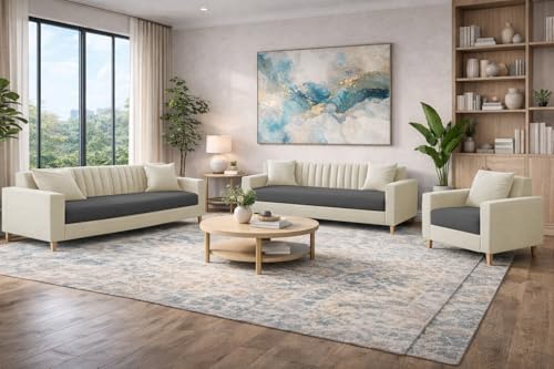 Image of Casaliving Garcia 3+2+1 Seater Sofa Set for Living Room (Cream Black Colour) Premium Fabric Sofa