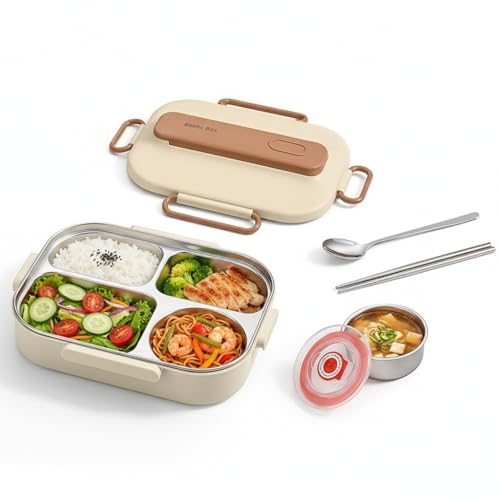 Boite Repas Étanche 1500ml + Bols à Soupe 250ml, Bento Lunch Box avec 4 Compartiments et Couverts, Boîte à Déjeuner en Acier Inoxydable, Boite à Lunch...