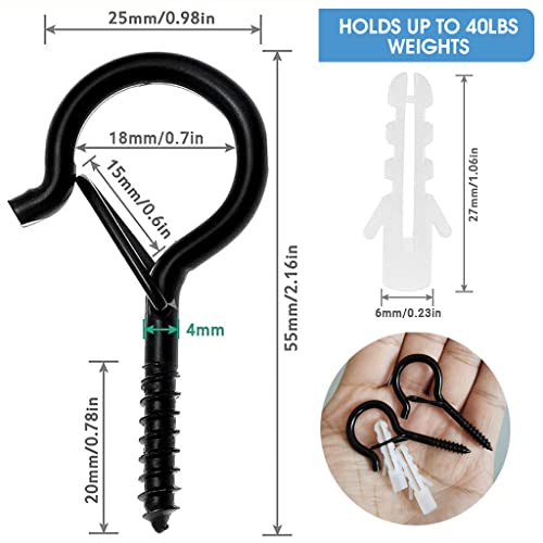 Image of HASTHIP Plastic 20Pcs Screw Wall Hooks For Outdoor String Lights, Outdoor Hooks For Light Eye Hooks Screw-In Cup Hooks Ceiling Hooks With Safety Buckles, Hanging Hooks For Plants Pot (Black)