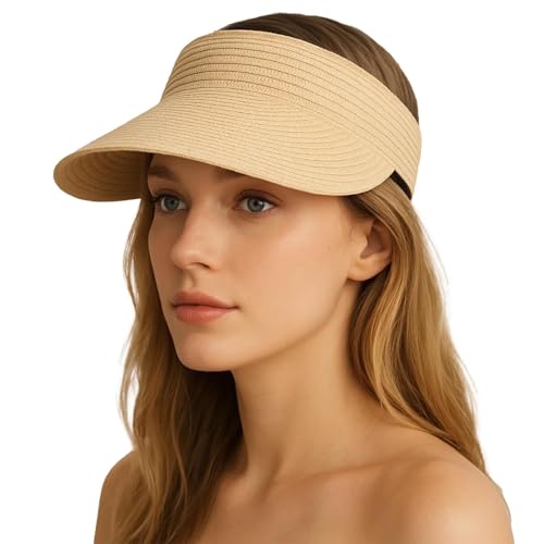 Straw Visor Hat Women Sun Visor Hat Rollable Ladies Wide Brim Straw Summer Topless Sunhats for Womens Adjustable Beach Cap, Foldable Roll up Floppy Beach Hats for Women, Sun Hats for Travel