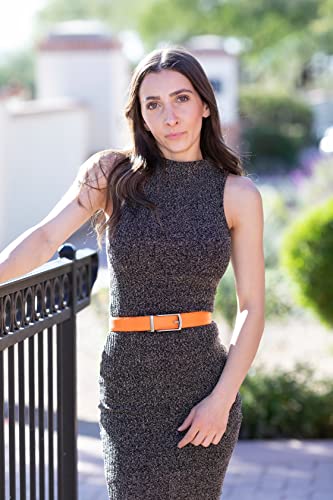 Leather Ratchet Belt for Women, Trim to Fit 18"- 44" Waist, Automatic Slide Buckle, No Holes, Gift Box (W726 Gunmetal/Burnt Orange 30mm width, Small)2