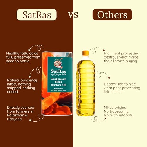 Image of SatRas Wood Pressed Mustard Oil 5 Ltr | Cold Pressed Kachi Ghani Sarso Oil | Wooden Kolhu Extracted Black Mustard Oil | Rich in Omega 3, 6 & Vitamin E, Unrefined, Chemical Free, Pure Indian Edible Oil