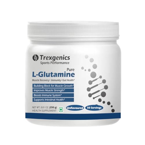 Image of Trexgenics L-GLUTAMINE Pure Powder (50 Servings) Muscle Building Block for Strength & Growth, Leaky Gut Health, Immunity (250 gm) (Pack of 1)