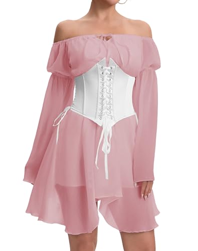 Image of Womens Corset Dress Off Shoulder Bell Sleeve Casual Party Pirate Fairy Dress Set