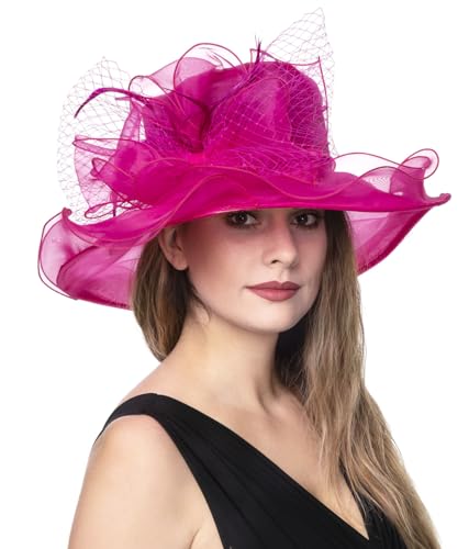 Women's Organza Church Kentucky Derby British Fascinator Bridal Tea Party Wedding Hat Summer Ruffles Cap(Hj23-Fuschia) -  Haojing