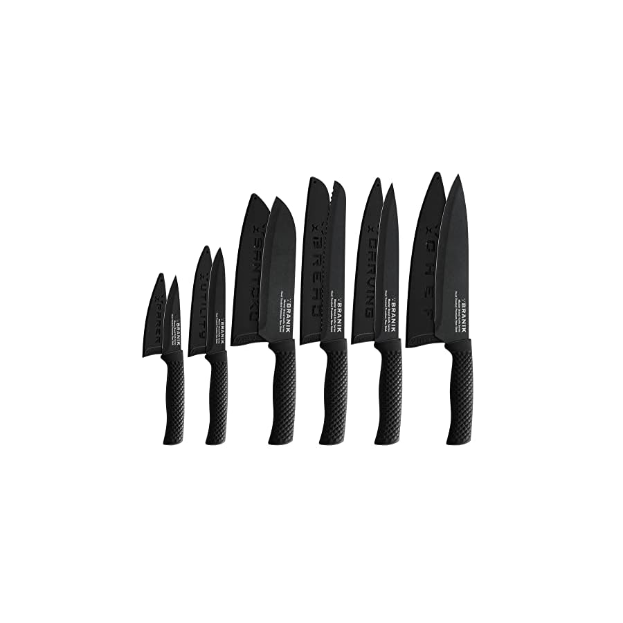 BRANIK 6Pc Black Kitchen Knife Set with Protective Sheaths & Giftbox, Premium German Steel with Special Non-Stick Coating making them Dishwasher Safe. Sharp black knives set for kitchen Knife set.