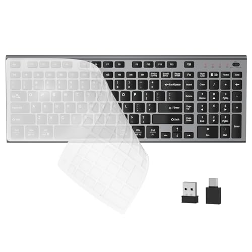 FENIFOX Wireless Silent Keyboard, Ultra Quiet USB C Low Profile Compact Full Size with Number Pad Flat Slim Thin Soft Touch for Mac Computer MacBook iMac PC Laptop Desktop Office (Black and Grey)