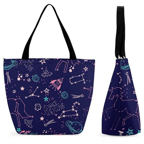 Sac de shopping pour voyage motif planètes licorne - Sac cabas femme 32,5cm