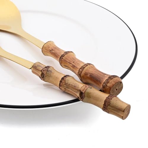 Set di posate – 4 pezzi cucchiaio da insalata con manico lungo forchetta forchetta cucchiaio da portata con manici in legno di bambù e stoviglie in acciaio inox