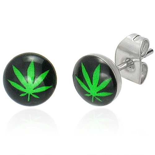 Preisvergleich Produktbild Zense ZE0042 Herren-Ohrringe, Edelstahl, Schwarz und Grün, Motiv Cannabis-Blatt