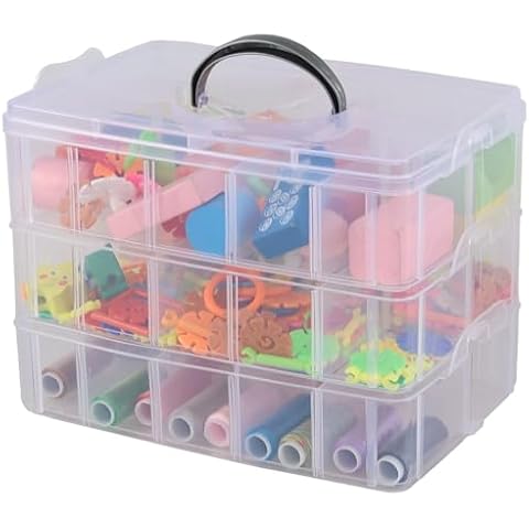 JOYEEN 3-layer Stackable Craft Storage Box with 30 Grids, Clear Compartment Organizer Box for Beads, Tape, Screws Cover
