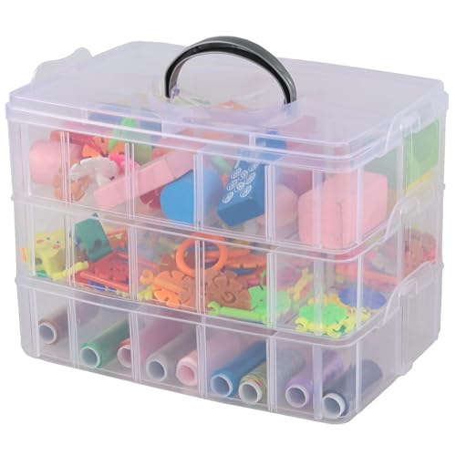 Image of 3-layer Stackable Craft Storage Box with 30 Grids, Clear Compartment Organizer Box for Beads, Tape, Screws