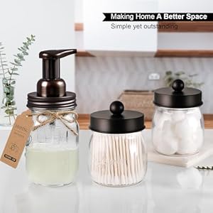 SheeChung Bathroom Accessories Set Mason Jar Foaming Hand Soap Dispenser Qtip Holder Set Rustic Farmhouse Decor Apothecary Jars Bathroom Countertop Organizer Bronze