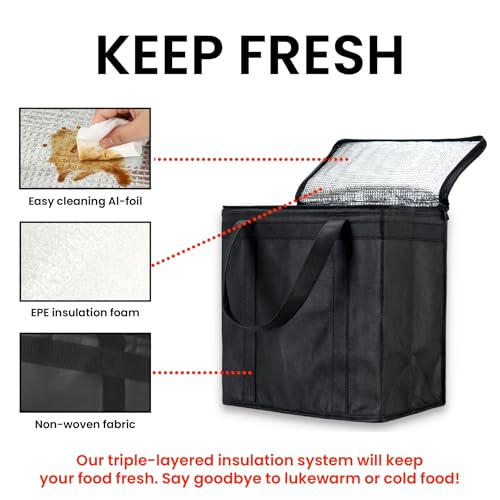 Image of NZ home Insulated Bags for Food Delivery (Medium) Grocery Shopping Cooler Bag, Pizza Delivery, Hot & Cold Catering Tote, Reusable, Foldable & Heavy Duty (2 Pack, Black)