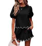 MARZXIN Womens 2 Piece Skort Set Puff Sleeve Pearl Embellished Scallop Trim Shorts Set Comfy Loun...