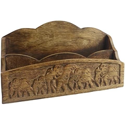 Once A Tree 30cm Hand Carved Large Elephant Letter Rack in Mango Wood Cover