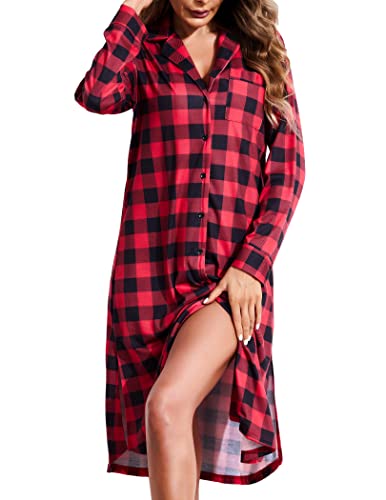 Finrjo Women's Cotton Nightgown Long Sleeve Plaid Nightshirt Button Down Loungewear Sleepshirt L #TOP4
