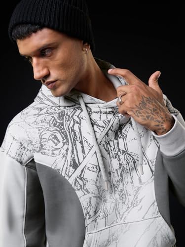 Image of The Souled Store Ronin Men and Boys Full Sleeves Hooded Neck Grey Graphic Printed Cotton Blend Drop Shoulder Streetwear Trendy Premium Fleece Print Oversized Hoodie