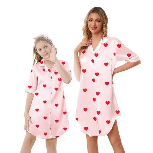 Image of Schbbbta Girls & Women Silk Nightgown, Short Sleeve Button Down Satin Nightshirt Pajama House Dress, 3 Years- Women 2XL