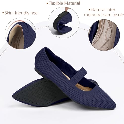 Image of TINGRISE Women's Flats Shoes Pointed Toe Knit Washable Ballet Comfortable Dressy Mary Jane Flat
