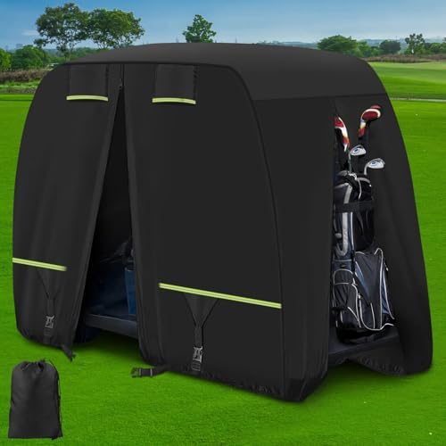 Golf Cart Cover Fits EZGO, Club Car, Yamaha Most 4 Passenger/ 2 Passenger Golf Cart, Upgrade Reflective Strips/Two Windproof Straps/Three Sides Zipper Opening/Four Air Vents, All Weather Protection