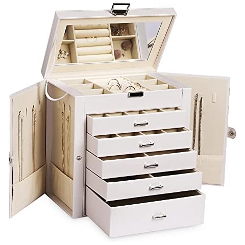 Frebeauty Large Jewelry Box,6-Tier PU Leather Jewelry Organizer,Multi-functional Storage Case with Mirror,Accessories Holder with 5 Drawers for Necklace Bracelets Watches(Pearl White) Cover