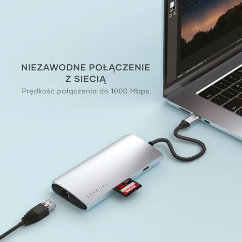 SATECHI Hub USB-C 8 w 1 z Ethernetem, HDMI 8K@30Hz, ładowaniem PD 85 W, 4 portami USB-C 10 Gb/s, transferem danych i czytnikiem kart SD UHS-II do MacBook Air/Pro/Neo, PC i innych – Silver V3