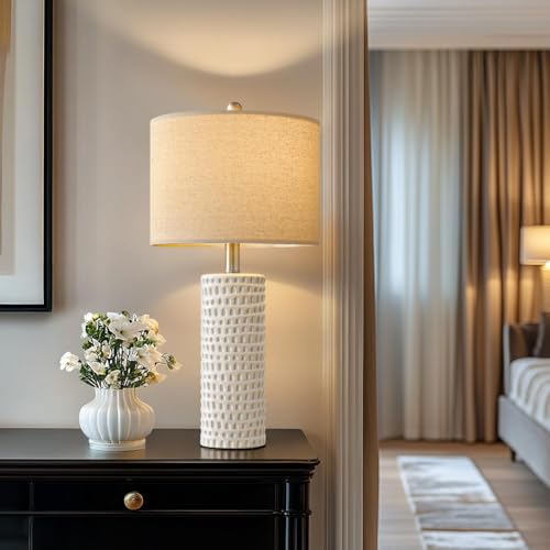 PORTRES 24" Farmhouse Ceramic Table Lamp Set of 2 for Bedroom Living Room White Desk Decor Bedside Lamps for Study Room Office Dorm Modern Accent Nightstand Lamp End Table Lamps - Image 2