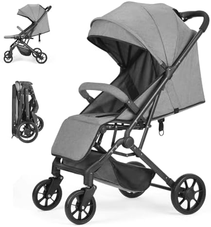 Faltbar Kinder-Buggy Kinderwagen, Regulierbarer 5-Punkt-Sicherheitsgurt, Zusammenklappen mit einer Hand, großes Verdeck, Robuster alle 4 Räder gedämpft, geräumige Sitz, Einkaufskor