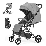 Compact Baby Stroller, Travel Toddler Seat Pushchair with Shock Absorbing Wheels, Foldable Infant Stroller with Canopy, One Button Brake, Convertible Infant Stroller for Toddler (Dark Grey)