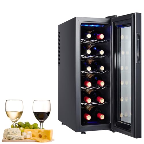 GQKVQ Nevera vinos 12 Botellas,Pantalla Táctil Inteligente LED,Puerta de Vidrio, Anti-UV, Pantalla LED, Luz Interior,Temperatura Ajustable de 8-18ºC