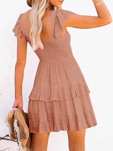 Image of Women Summer Dresses Casual Boho Smocked Ruffle Sun Beach Babydoll Mini Dress Layered Flowy Swing Dress