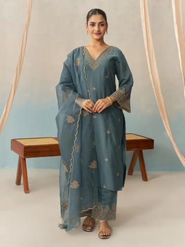 Image of Royal Export Women's Kurta Set | Viscose Silk Floral Embroidered Straight Kurta Pant Dupatta Set Kurta Sets for Women | Ladies Kurta Set