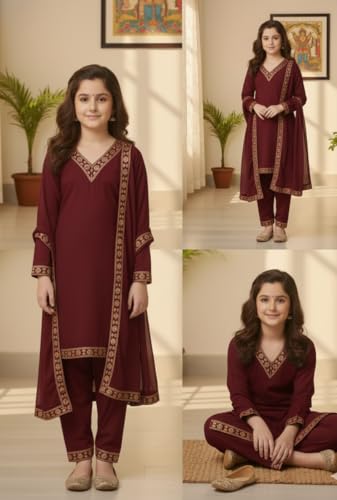 Image of Girls Stylish Rayon Lace Work Kurti with Dupatta and Pant