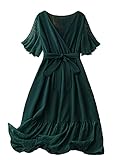 Floerns Women's Plus Size V Neck Short Butterfly Sleeve High Waist Knee Length A Line Dress Green 1XL