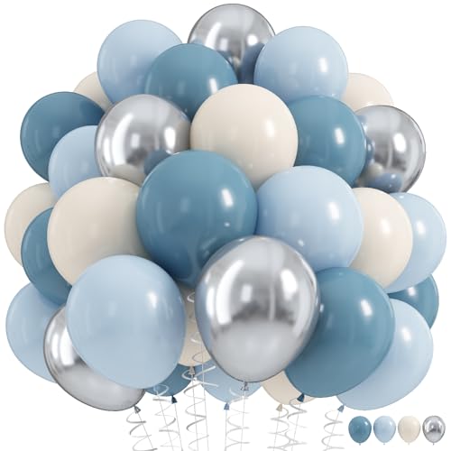 Image of Dusty Blue Balloon Set, 60Pcs 12 Inch Retro Baby Slate Blue Ivory White Metallic Silver Balloons Birthday Decor, Pastel Blue Beige Cream Ocean Balloon for Bridal Wedding Gender Reveal Party Decoration