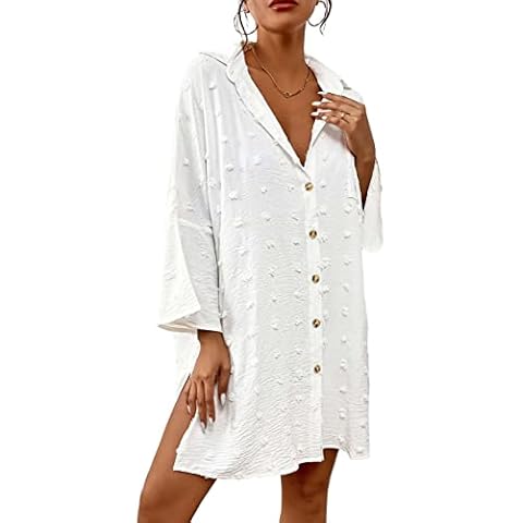 Bsubseach Women Swimsuit Coverup Button Down Shirt Dress Beach Cover Up Blouse Tops Polka Dots White Cover