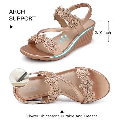 Image of SHIBEVER Wedge Sandals for Women Dressy: Summer Open Toe Low Platform Wedges Sandals Elastic Ankle Strap Flower Comfortable Casual Shoes