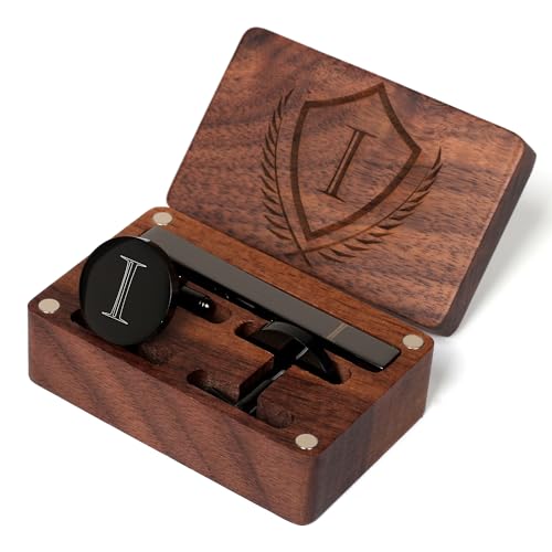 Image of Mens Initial Cufflinks and Tie Clip A-Z Alphabet Letter Black Stainless Cuff Links Tie Bar with Engraved Walnut Wood Box Groom Groomsman Wedding Set