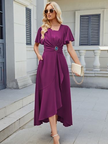 Image of QMZ Wedding Guest Dresses for Women V Neck Cocktail Dress Ruffle Sleeve A Line Evening Party Formal Dresses for Women