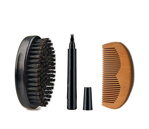 Beard Pen, Brush&Comb Kit for Men's Care-Natural Boar Bristle Brush- Great for Distribute Balm or Oil for Growth, Styling, Shine & Softness Beard Pen Creates Natural Long-Lasting Looking Beard